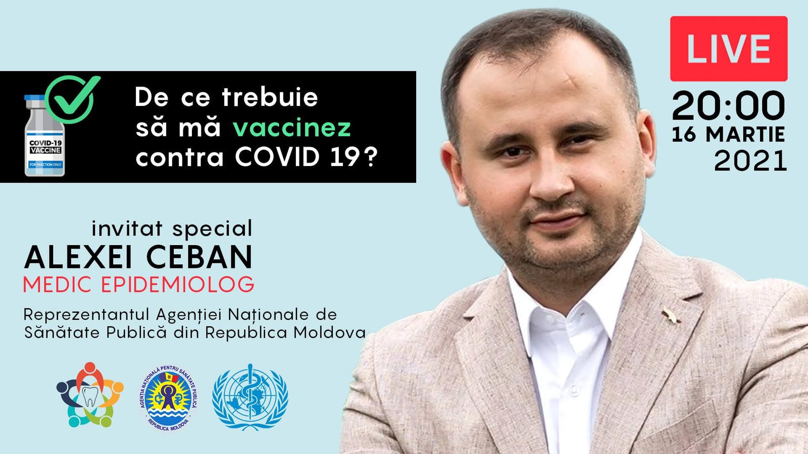 Afișul sesiunii online despre vaccinarea contra COVID-19 cu medicul epidemiolog Alexei Ceban, 16 martie 2021